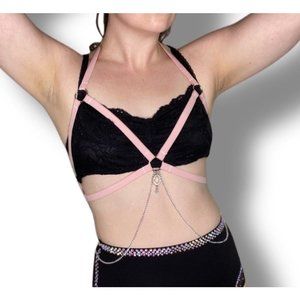 Handmade Rave/Festival Harness in Baby Pink with Chain and Rhinestone Detail